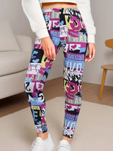 Women’s Graffiti Print High-Stretch Leggings Brushed Soft High-Waist Sexy Nine-Point