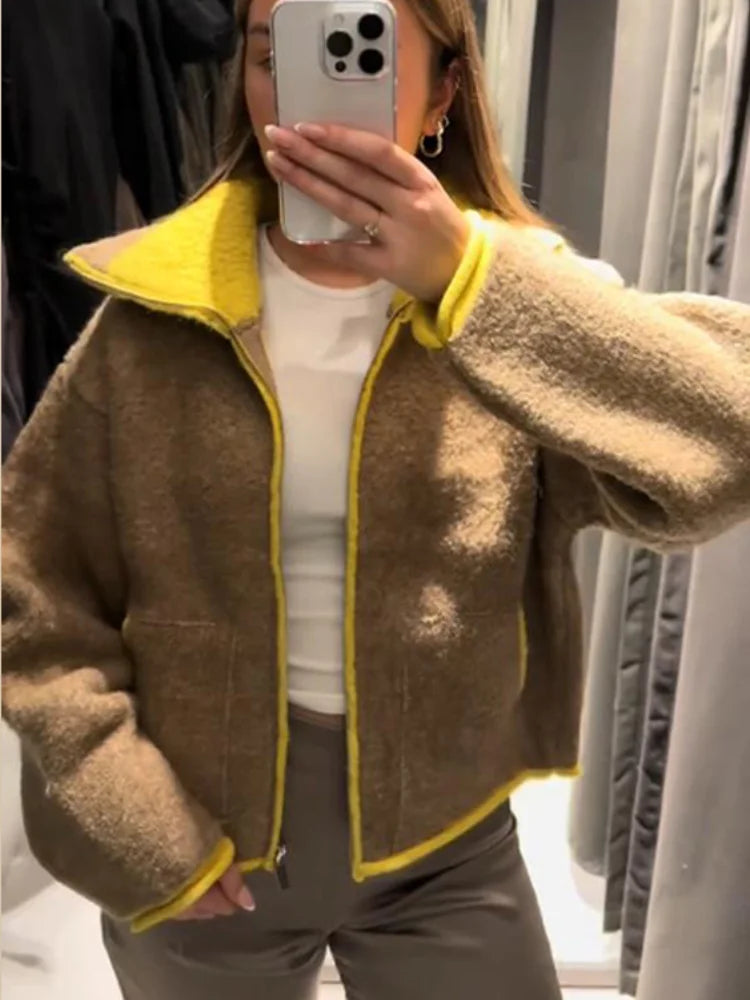 Women’s Contrast Knitted Cardigan Jacket – Elegant Long Sleeve Zipper