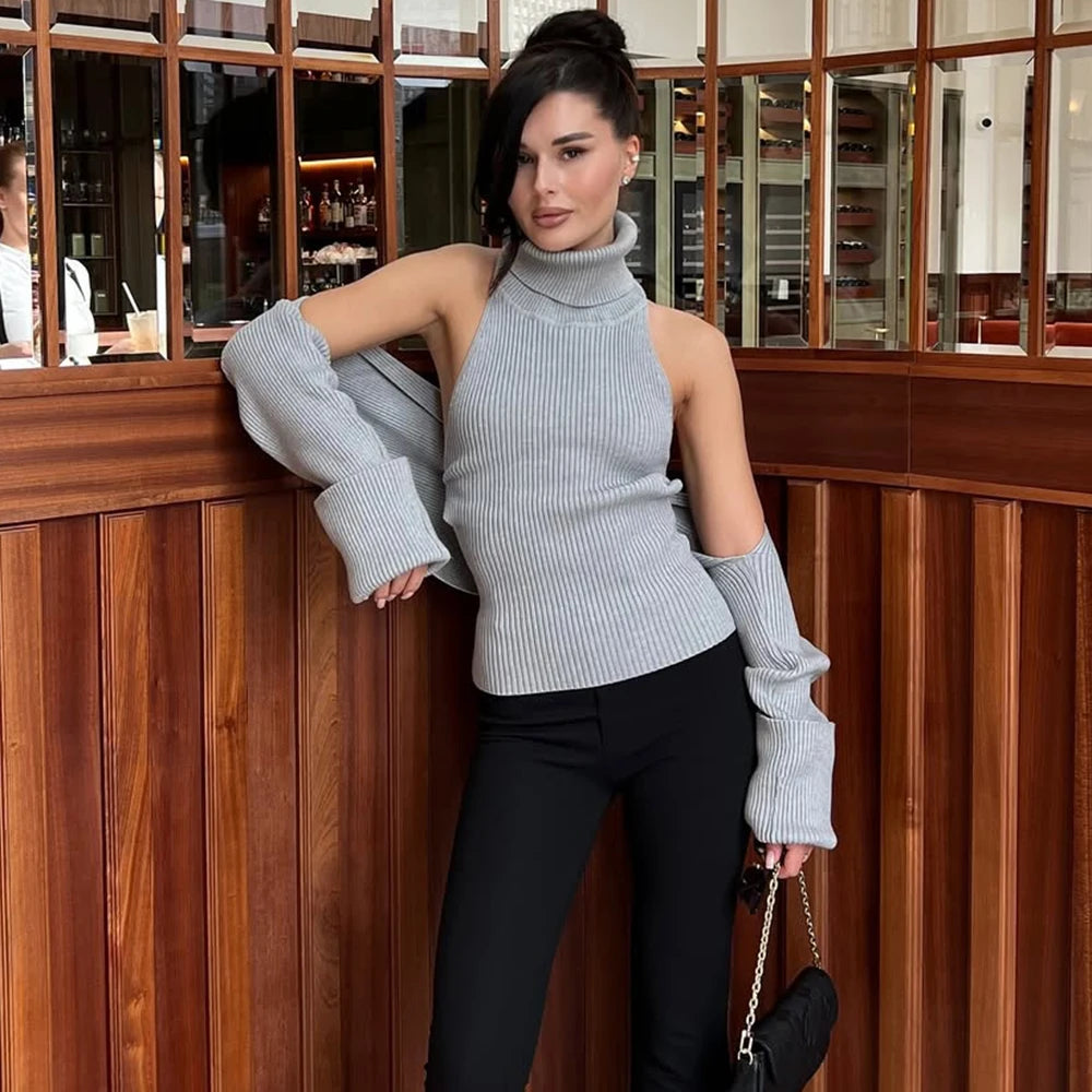 2-Piece Knitted Set for Women – Turtleneck Sleeveless Vest & Long Sleeve Bolero Shawl