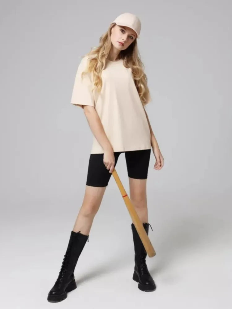 Damen Essential Solid T-Shirt: Relaxed Fit Premium-Baumwoll-Kurzarm-Oberteil
