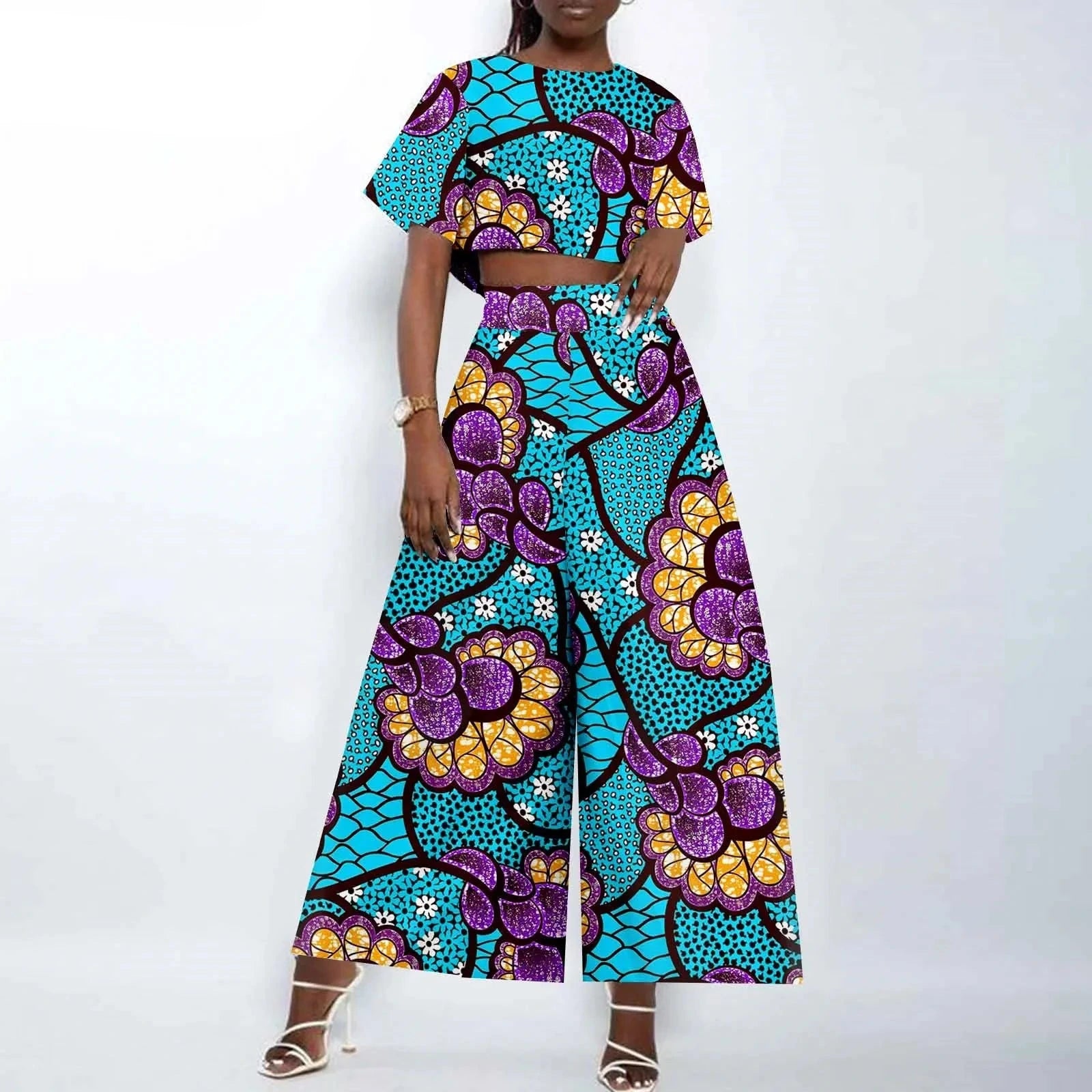 Afrikanisches zweiteiliges Ankara-Outfit für Damen | Crop Top und weite Hose