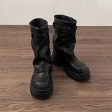 Damen Winter Biker Boots – Elegante Plateau Flache Mode Gürtelschnalle Knight Boots