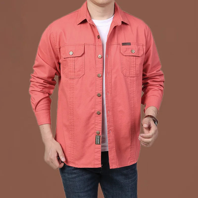 Men’s Pure Cotton Loose Fit Long Sleeve Tooling Cargo Shirt