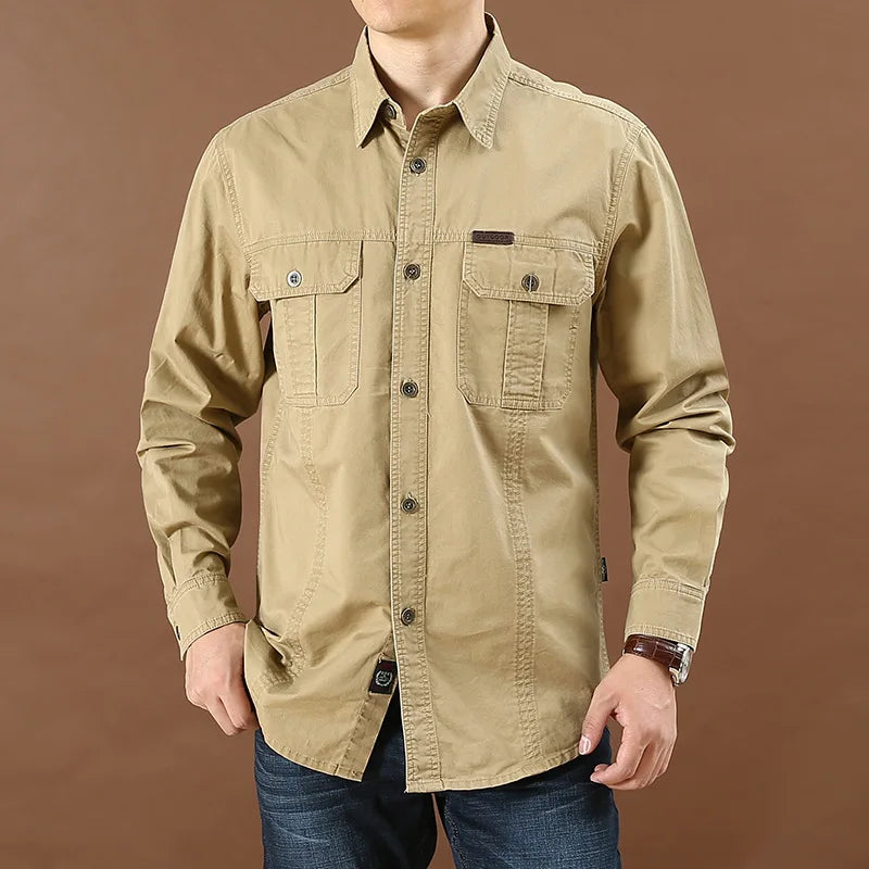 Men’s Pure Cotton Loose Fit Long Sleeve Tooling Cargo Shirt