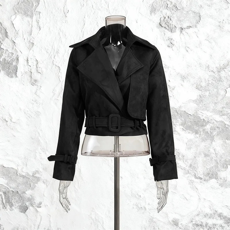 Vintage Wildlederjacke für Damen – Herbstmode Schnür-Mantel Schmale Passform
