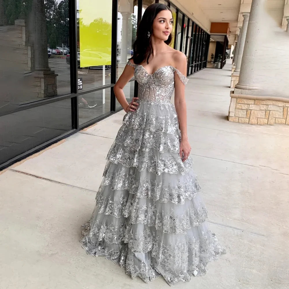 Puffy Off-Shoulder Evening Dress | Layered Tulle Sweetheart Prom Gown