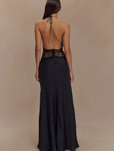 Women’s Sexy Deep Neck Lace Halter Maxi Dress – Backless Patchwork Evening Gown