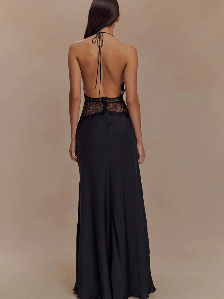 Women’s Sexy Deep Neck Lace Halter Maxi Dress – Backless Patchwork Evening Gown