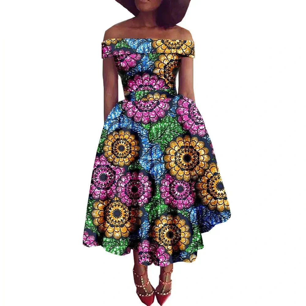 Afrikanisches Ankara-Print Carmen-Kleid | Traditionelle trägerlose afrikanische Kleidung