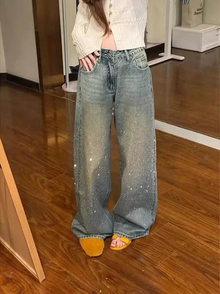 Damen Y2K Baggy Strass-Jeans | Harajuku Vintage Denim-Hose