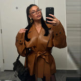 Women’s Vintage Leather Street Jacket with Belt – Oversized Loose Fit Lapel Moto Jacket