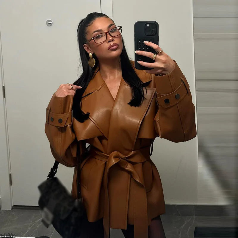 Women’s Vintage Leather Street Jacket with Belt – Oversized Loose Fit Lapel Moto Jacket