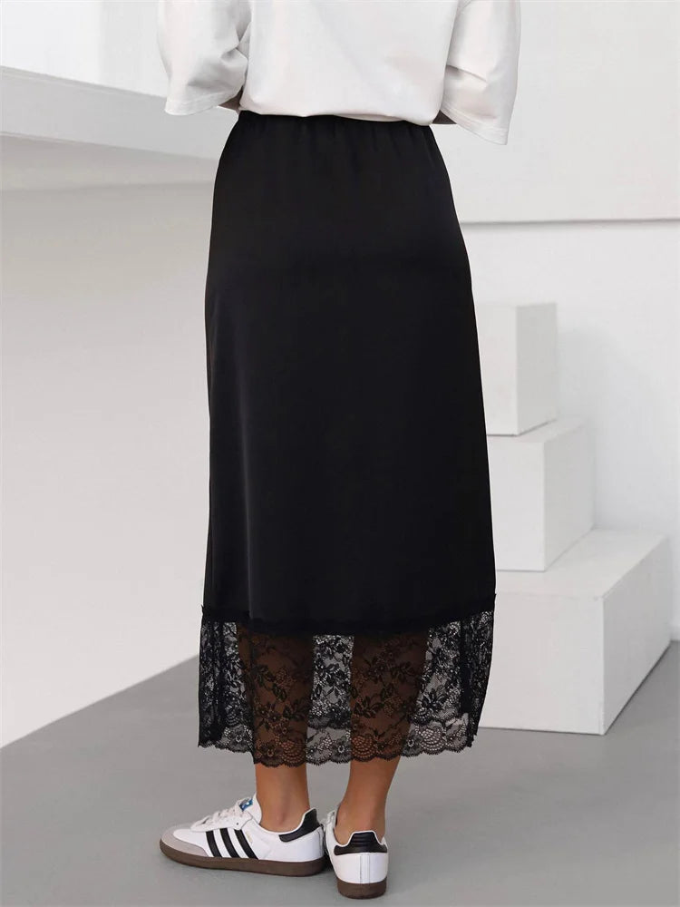 Casual Lace Long Skirt for Women – Slim High Waist Patchwork Maxi Skirt