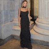 Elegantes, langes Polka-Dot-Kleid für Damen – luxuriöses Halter-Kleid mit Schalband