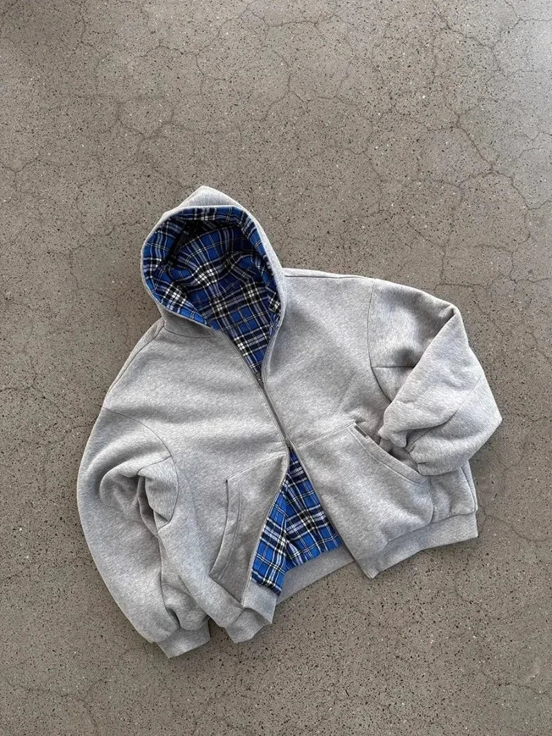 Men’s Reversible Zip-Up Hoodie – Oversized Plaid Lined Streetwear, Solid Color Retro Sweatshirt