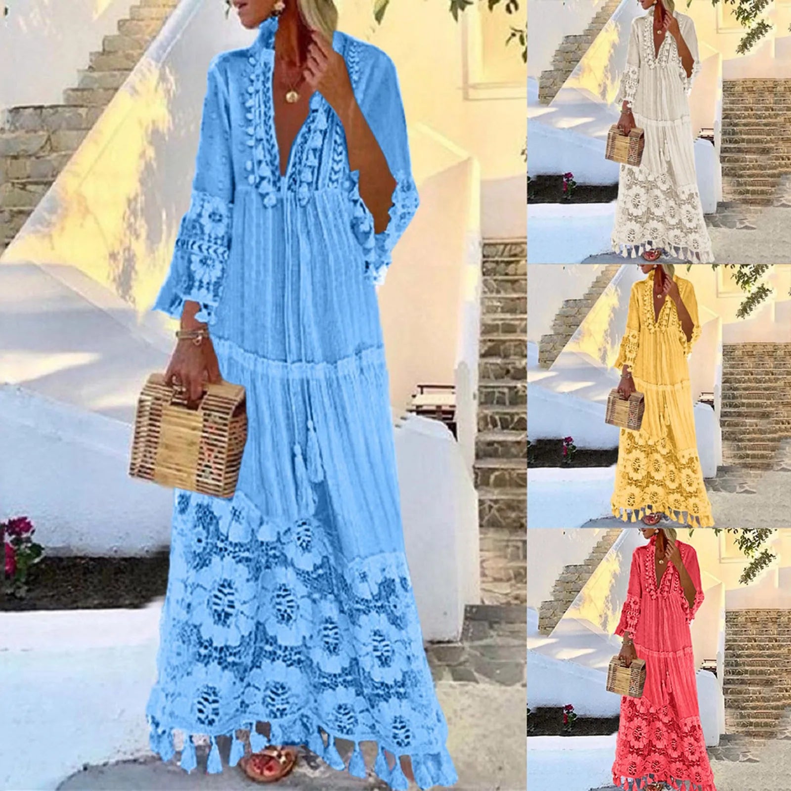 Böhmisches Quasten-Maxikleid mit V-Ausschnitt, großer Größe, Spitze, einfarbig, Mode, Boho, Urlaubskleid