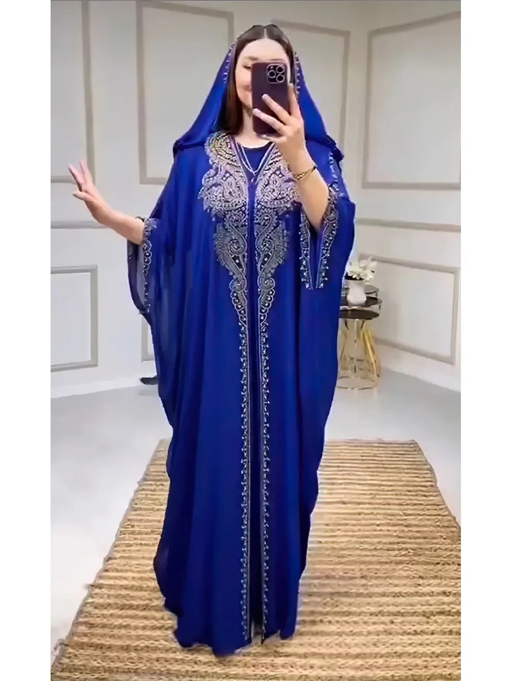 Muslimische Kleider für Frauen – Kapuzenabaya 2-teiliges Set – Diamant-Jalabija-Partykleid