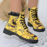 Damenbedruckte Schnürstiefeletten – Retro Runde Zehen Vintage Blumen Niedriger Absatz Chelsea Boots