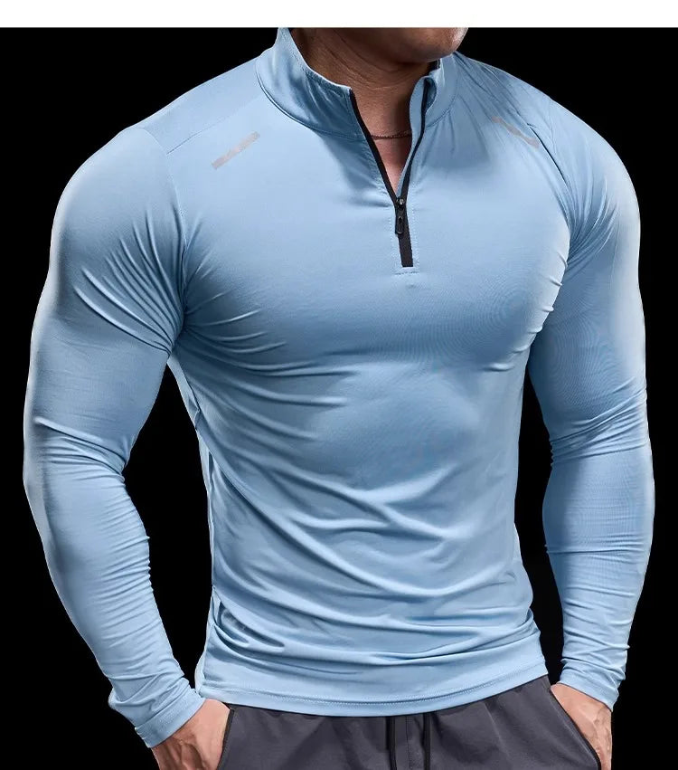 Herren Langarm-Stehkragen-Trainingsshirt mit halbem Reißverschluss