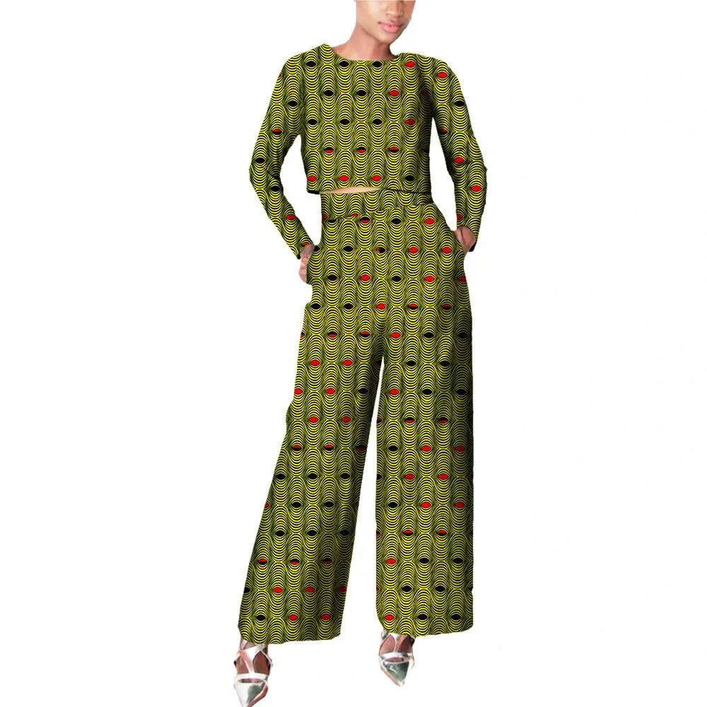 Damen Set aus gewachstem Baumwoll-Crop-Top mit langen Ärmeln und Hose mit weitem Bein