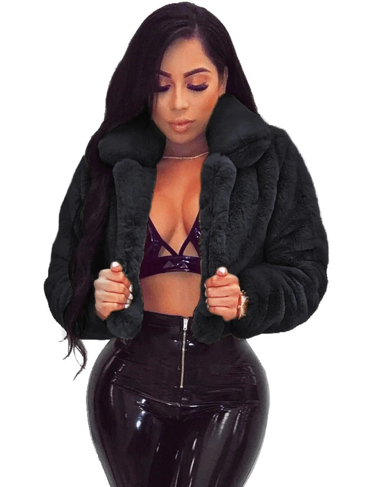 Women's Faux Fur Crop Jacket – Elegant Open Front Lapel Shaggy Fluffy Short Jacket