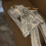 Silver Sequin 2-Piece Set for Women – Elegant Lapel Long Sleeve Top & High Waist Pants