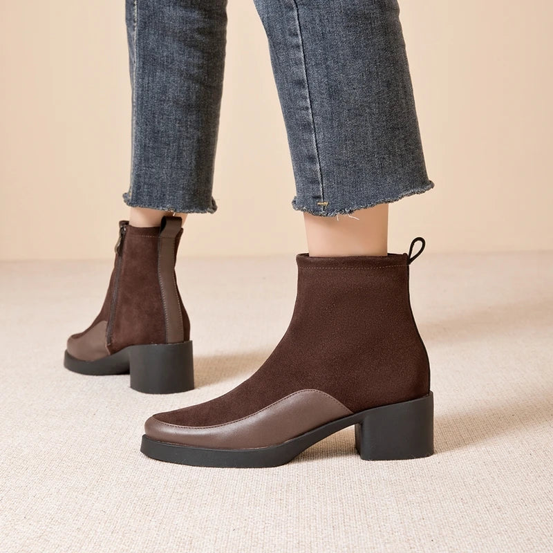 Women’s Genuine Leather Ankle Boots – Pointed Toe Chunky High Heel Boots