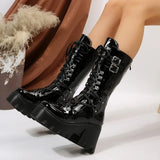 Women’s Solid Black Platform Wedge Mid-Calf Boots