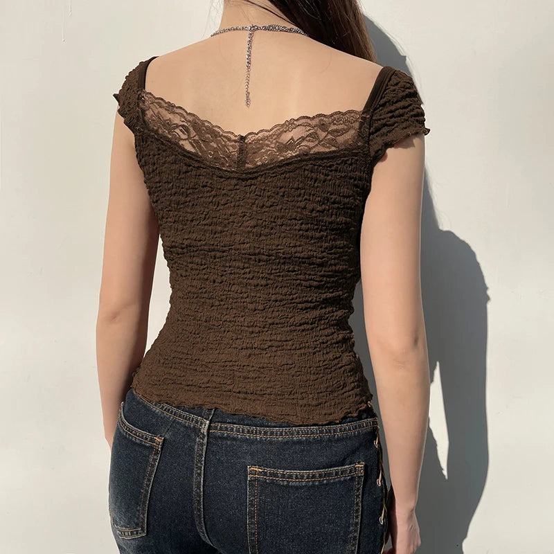 Women Brown Lace Crop Top Y2K Bow Square Collar Summer Short Sleeve Top
