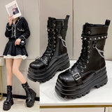 Women’s Gothic Chain Platform Mid-Calf Wedge Motorcycle Boots