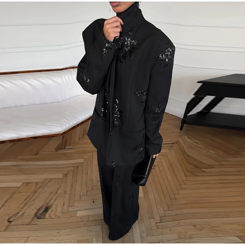 Women’s Chic Sequin Blazer Set – Elegant Lapel Stripe 2-Piece Suit
