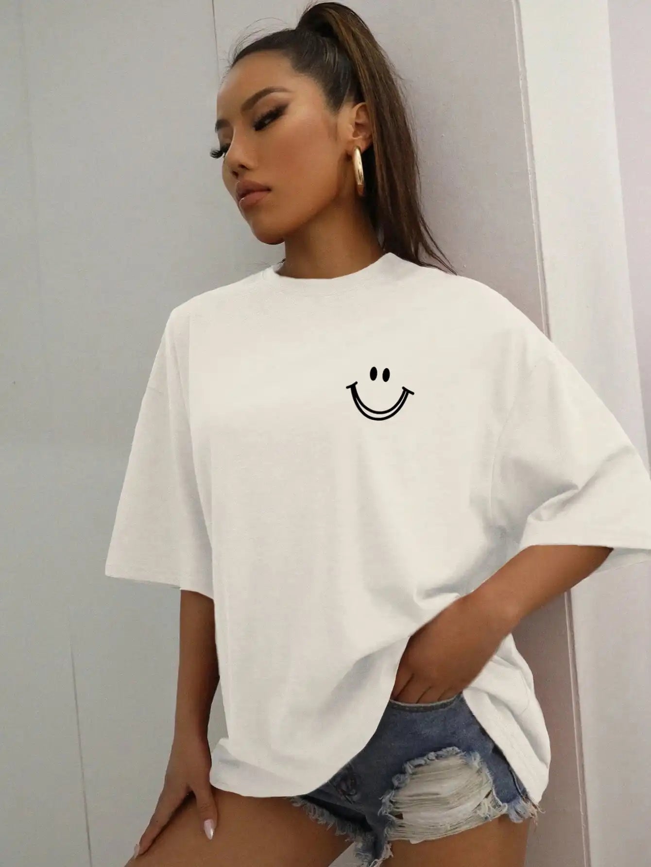 Damen Oversized Baumwoll Streetwear Top mit auffälligem Smile-Motiv