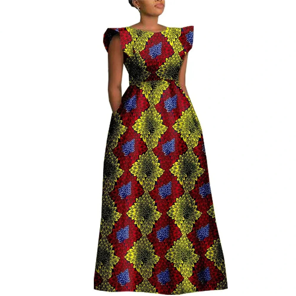 The "Heritage Queen" Floor-Length Gown: Bold Ankara Wax Cotton Dress with Short Sleeves