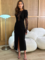 Women’s Sexy Patchwork Lace Maxi Dress – See-Through Long Sleeve Gown