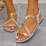 Women's Ethnic Style Round Toe Beaded Flat Sandals Bohemian Ankle Strap Shoes