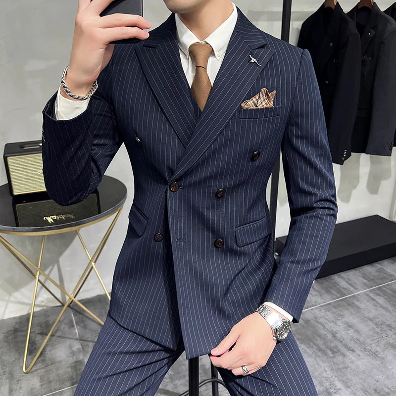 3-Piece Men’s Luxury Striped Suit – Single & Double Breasted Pinstripe Blazer, Vest & Pants Set