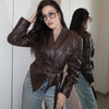 Women's Vintage Leather Jacket – Padded Shoulder High Waist Leather Coat with Belt