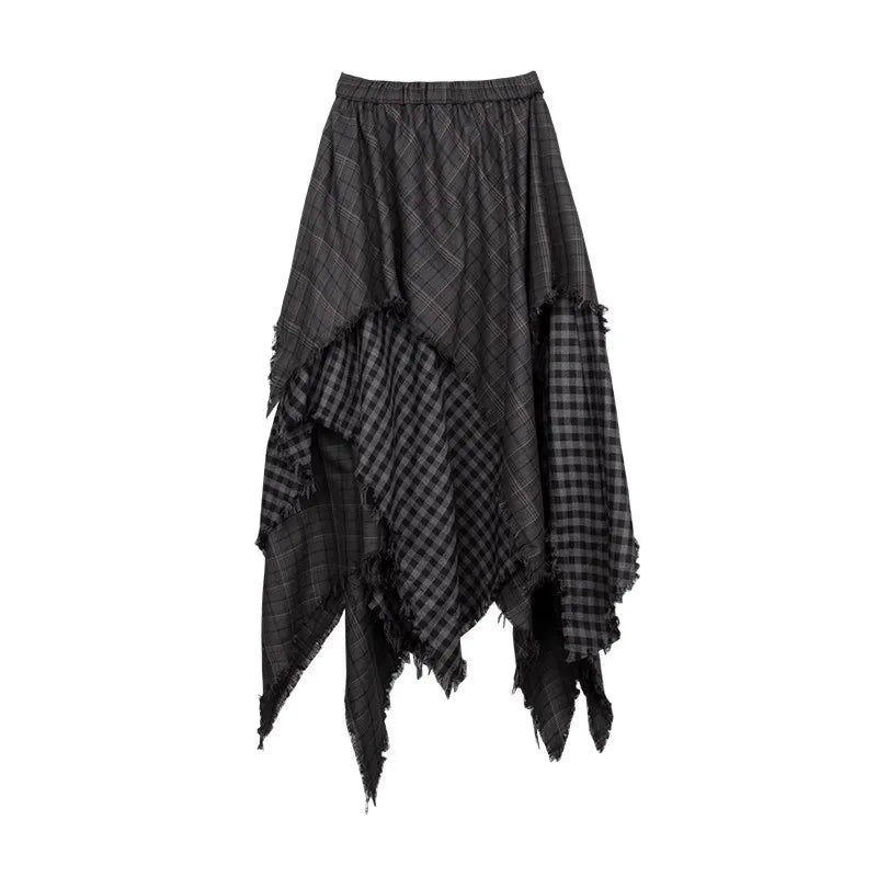 Acubi Fashion Karierter Asymmetrischer Rock | Damen Alt Goth Maxi mit elastischem Bund