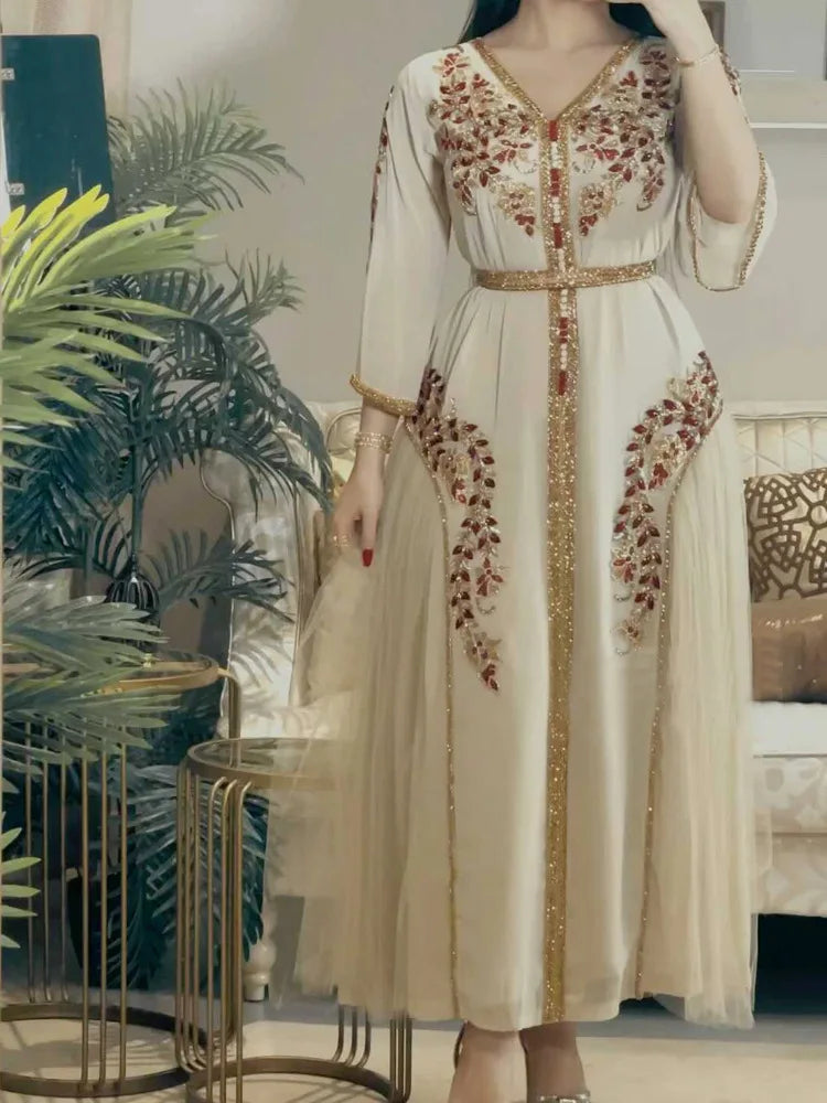 Ivory Turkish Abaya for Women | Red and Gold Embroidered Wedding Dress