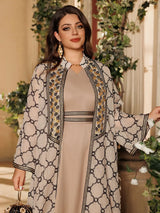Muslimisches 2-teiliges Abaya-Set für Damen | Bestickte offene Strickjacke mit Innenkleid