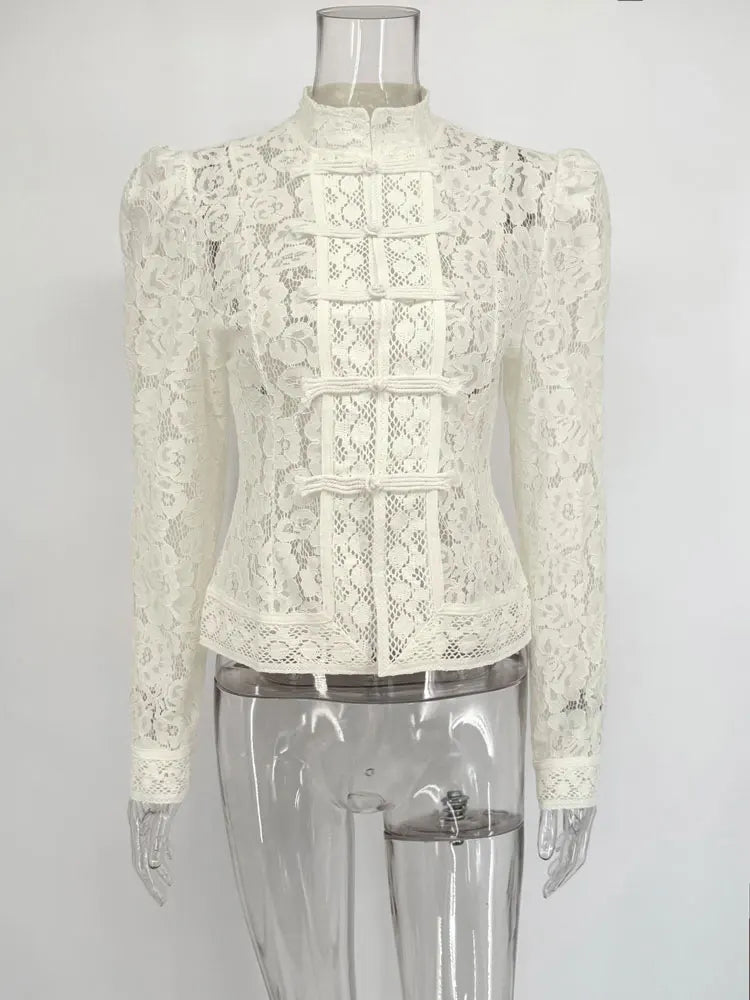 Elegant Printed Lace Hollow Out Commute Top– Women’s Vintage See-Through Summer Shirt
