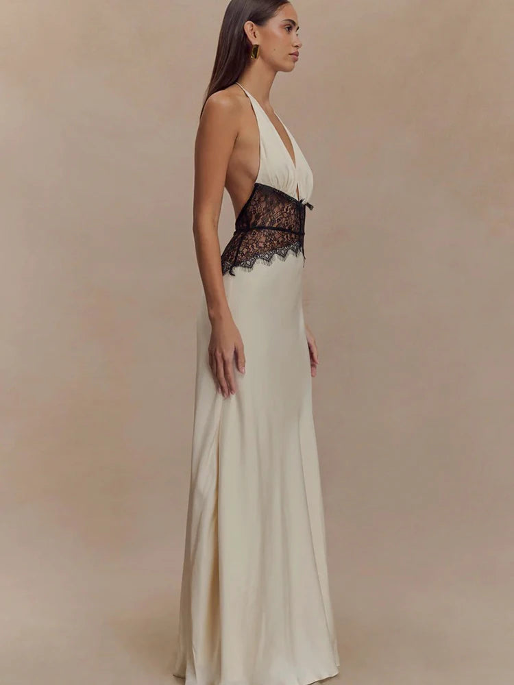 Women’s Sexy Deep Neck Lace Halter Maxi Dress – Backless Patchwork Evening Gown