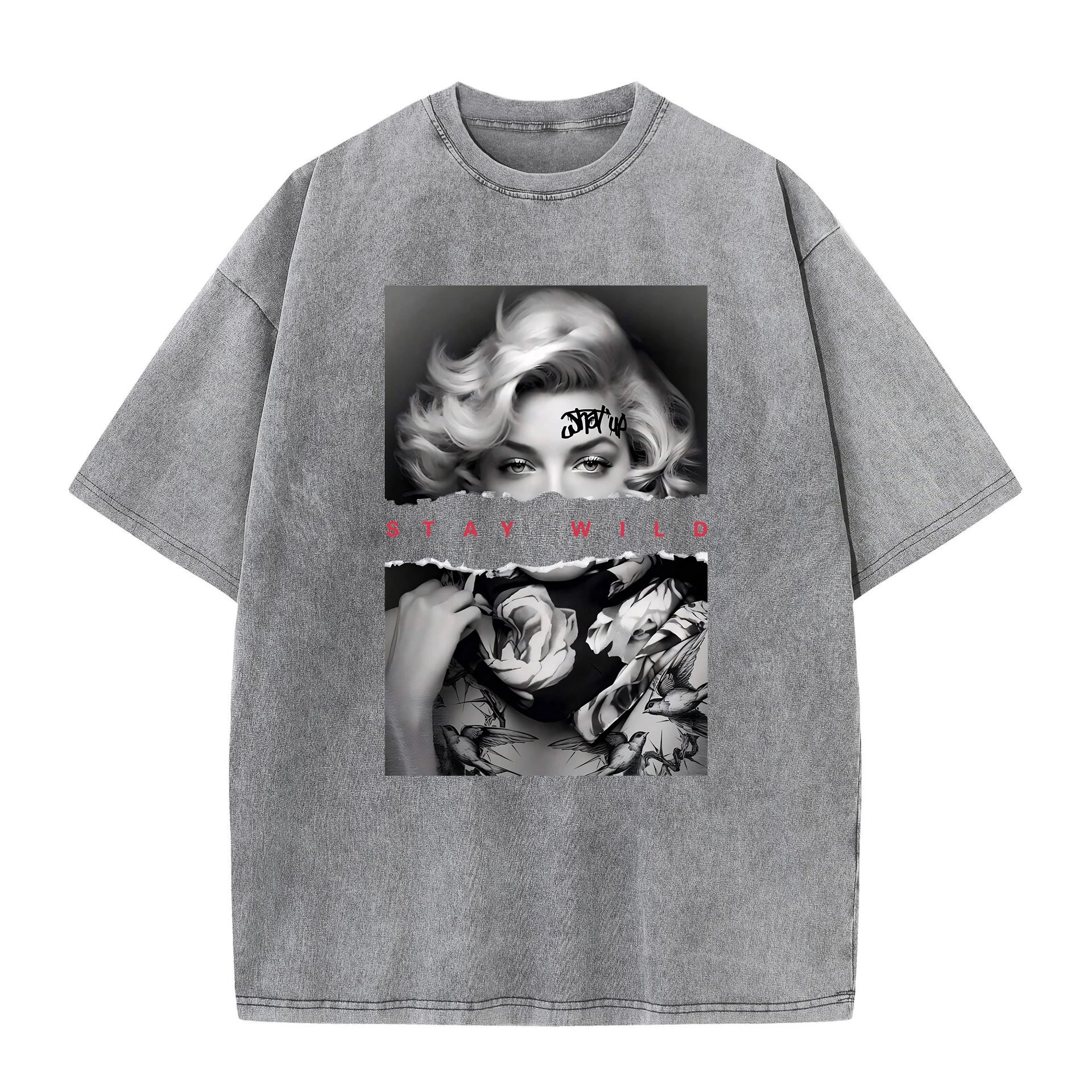 T-Shirt mit Porträt im europäischen Stil – Vintage-Baumwoll-T-Shirt für Damen mit Waschung