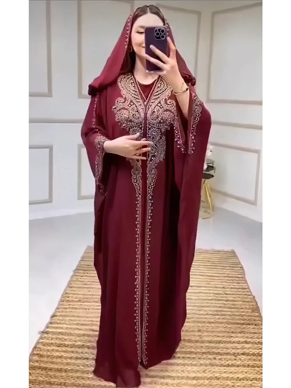 Muslimische Kleider für Frauen – Kapuzenabaya 2-teiliges Set – Diamant-Jalabija-Partykleid