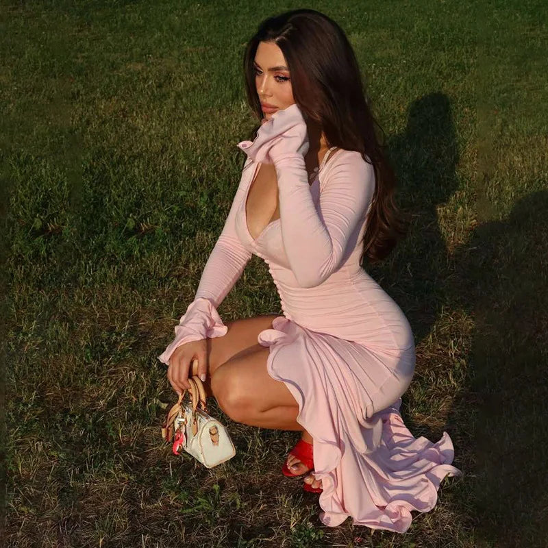 Damen sexy Partykleid mit tiefem V-Ausschnitt, hohem Schlitz, Rüschen und ausgestellten Ärmeln, einreihig