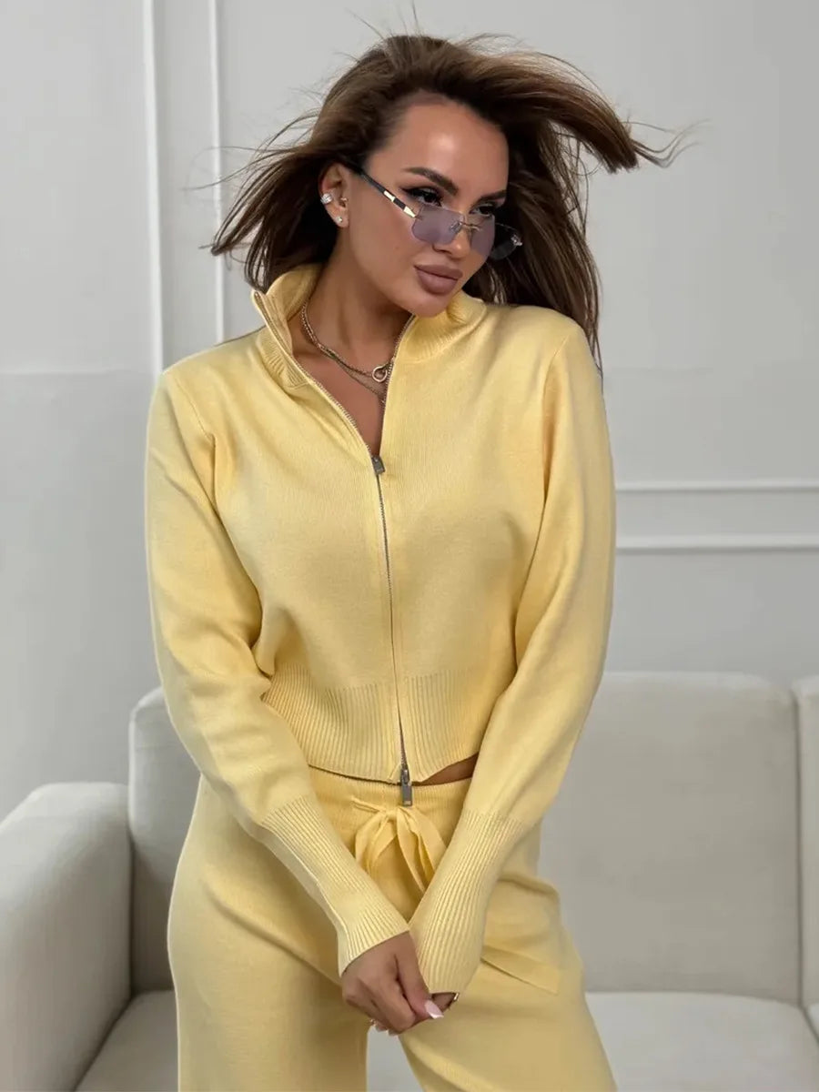 Women’s 2-Piece Ribbed Knit Lounge Set – Trendy Slim Fit Cardigan & Wide Leg Trousers