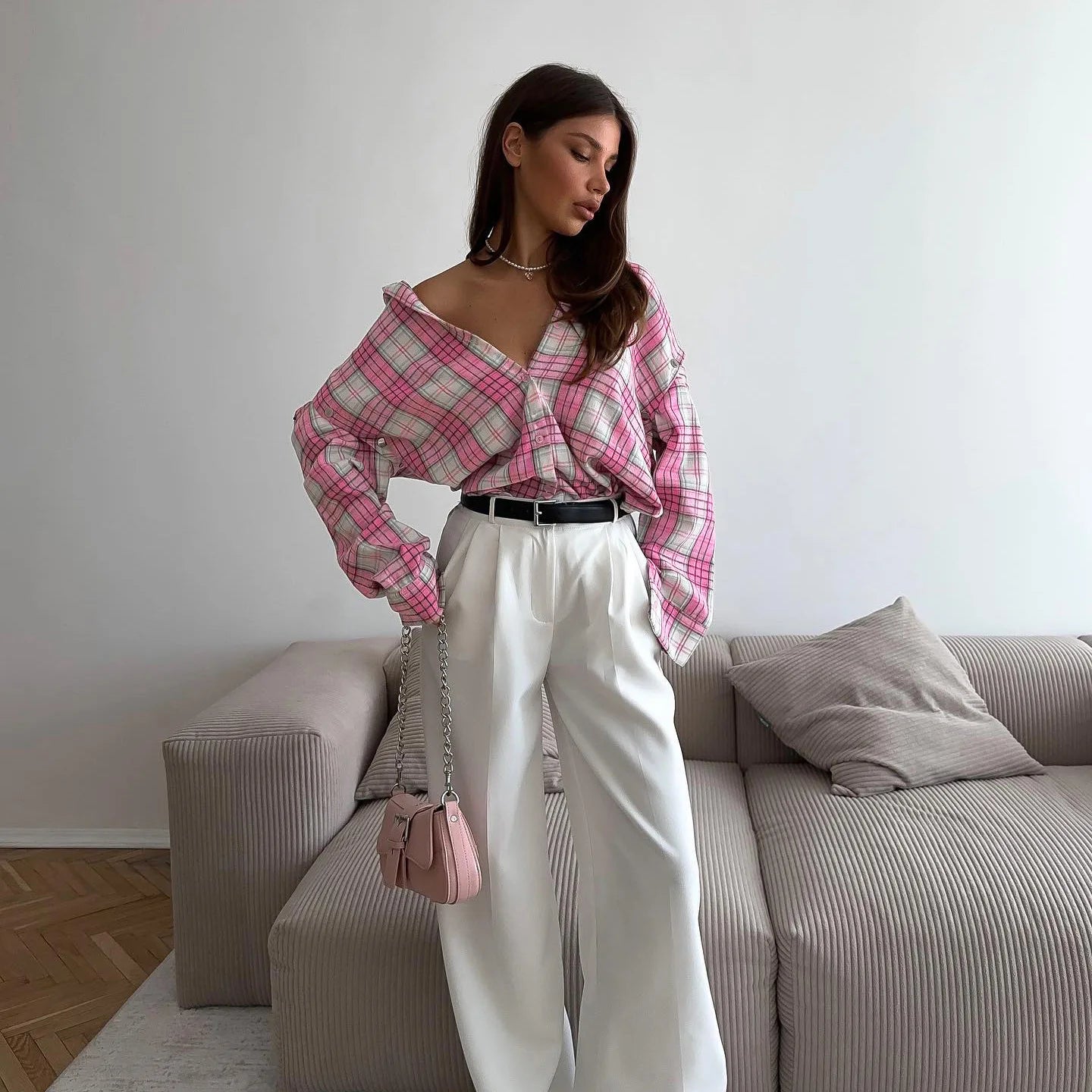 Women’s Elegant Patchwork Lapel Top, Loose Contrast Long Sleeve Pink Shirt