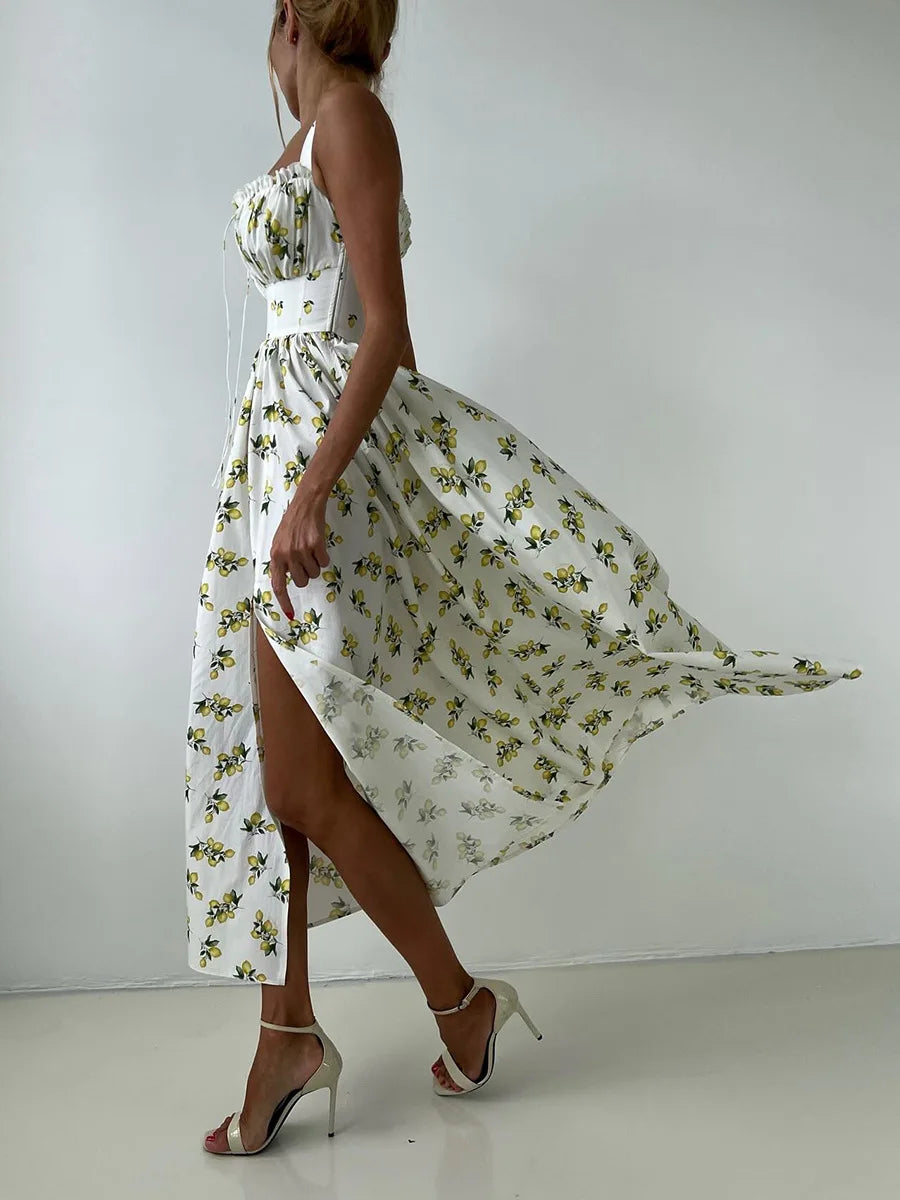 V-Neck Printed Elegant Maxi Dress for Women – Summer Sleeveless Bodycon Dress