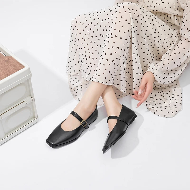 Women’s Genuine Leather Mary Jane Shoes – Square Toe Ballet Flats