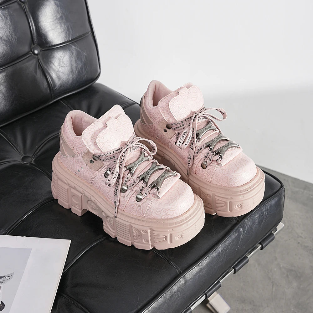 Women’s Pink Retro Punk Metal Decor Platform Ankle Boots